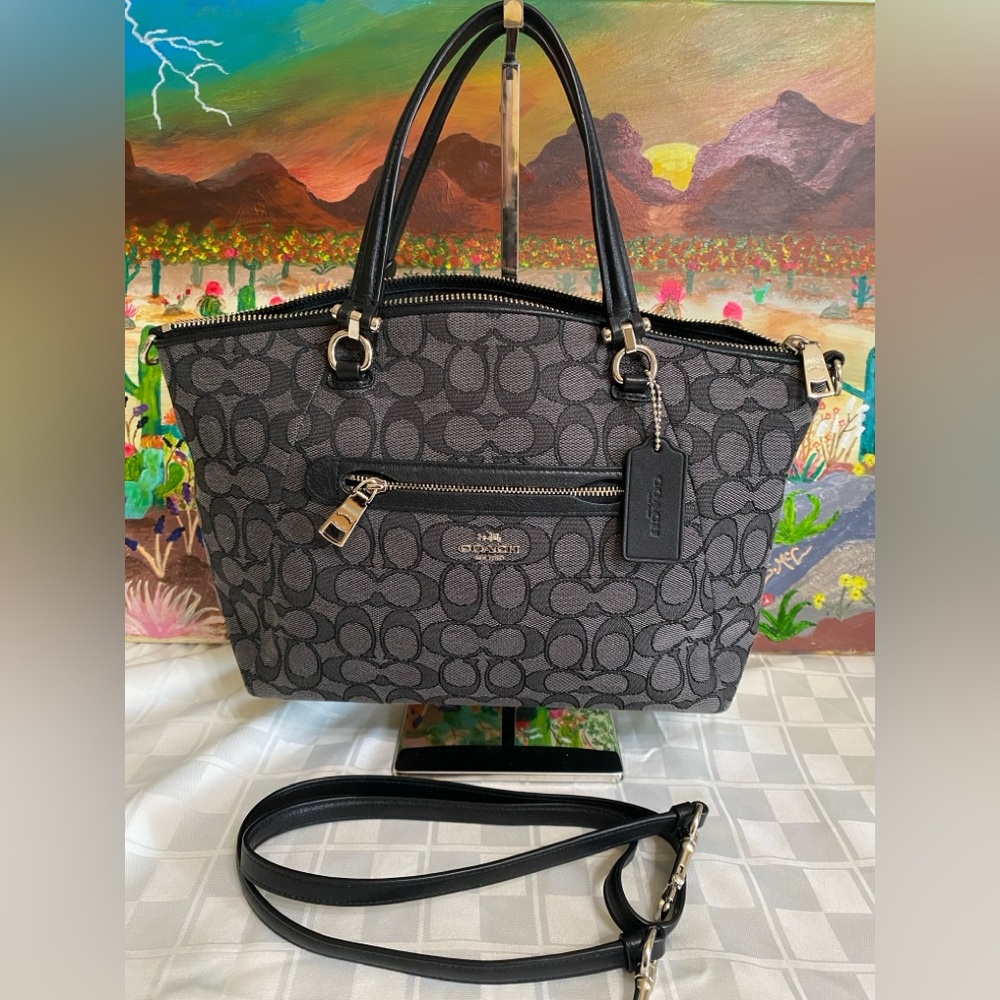 Coach Gray and Black Prairie Signature Satchel,Leather, Canvas, Strap,Medium